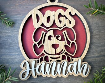 Personalized Dog with Hearts Wood Ornament with Name, Unique Holiday Gifts, Laser Cut Ornament with Name. 2 Sizes. Free Shipping