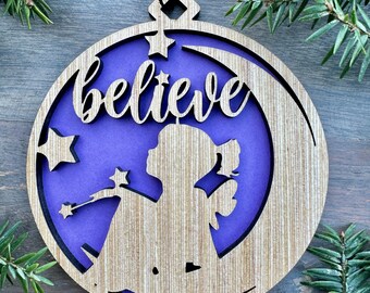 Fairy Believe Wood Ornament, Fairy with Wand, Unique Holiday Gifts, Laser Cut Ornament. 2 Sizes, 7 Colors, Free Shipping