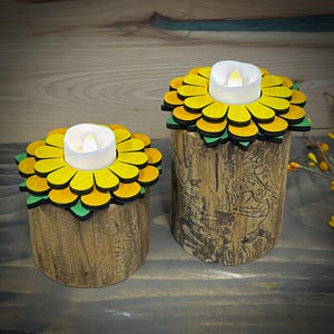 Rustic Flower Wood Branch Candle holder - Rustic Wood Sunflower Candle - Log Candle  - Flower Candle Holder - Flower Tea Light