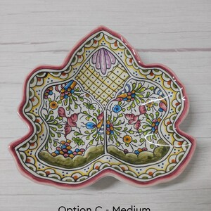 May include: A ceramic serving dish shaped like a leaf with a pink rim and intricate floral designs in shades of green, yellow, blue, and pink. The dish is divided into three sections. The text "Option C - Medium" is printed below the dish.