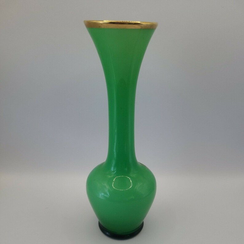 Vintage Green Glass Vase With Gold Trim and Design, Enesco Made in