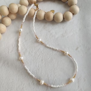 Freshwater Pearl Necklace, Ivory Beaded Necklace, Pearl Jewellery, Adjustable, Beaded Choker, Handmade, Cute Necklace, Summer Jewellery