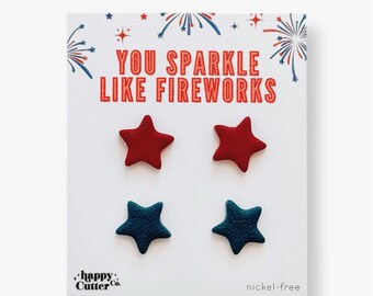 Red and Blue Star Earrings Stud Pack: Patriotic Polymer Clay Jewelry
