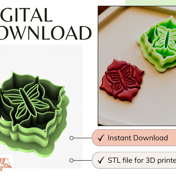 Imprinted Butterfly Tile Cutter Download | DIGITAL DOWNLOAD | Clay Cutter Digital Download Stl File