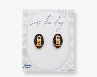 Handmade Lighthouse Stud Earrings: Navy Blue Clay with Gold Detail