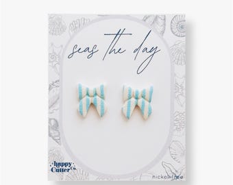 Coastal Striped Bow Stud Earrings: Handmade Polymer Clay, Nautical Jewelry