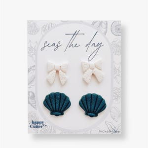 Beach Clay Stud Earrings Set | White Bow & Blue Shell Studs | Lightweight Summer Earrings | Gift for Her | Coastal Jewelry | Shell Earrings