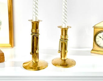 Vintage Brass Candlestick Pair: 70s Boho Nautical Rope Coastal Decor