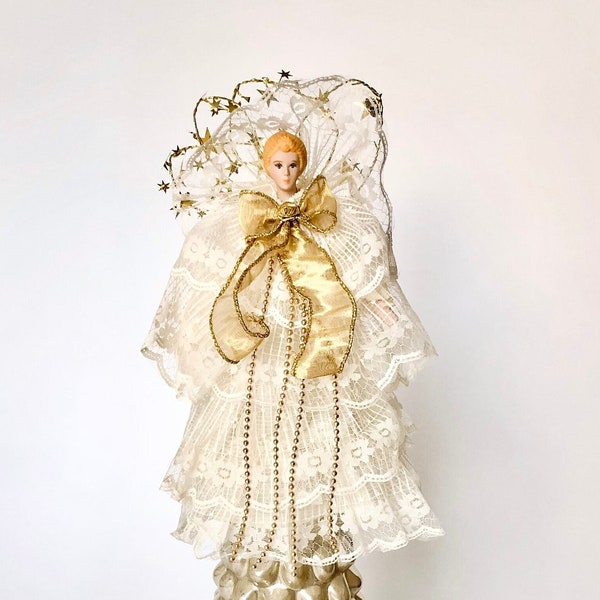 Retro 80s Snow Angel Tree Topper, Like New in Box, Porcelaine and White Lace, Christmas Tree Angel