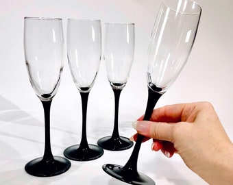 Vintage 80s French Black Stem Luminarc Champagne Flute Glasses France, Retro Barware Set of 4 or 2, Toasting Glasses, Hostess Gift