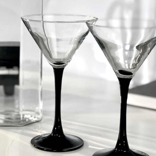 Martini Glasses Vintage French Black Stem Martini Cocktail Glass Set, Domino French Chic Retro Barware Birthday Gift For Him