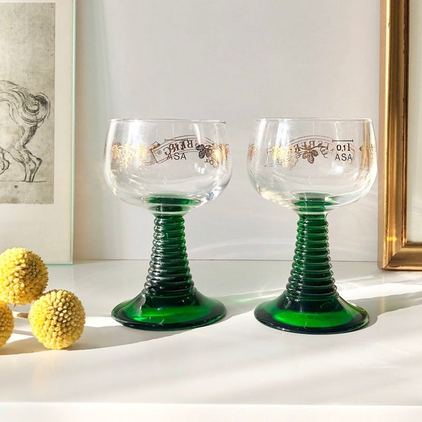 Emerald Green Wine Glasses Pair, Vintage French Wine Glasses, Roemer German Rhein Set of 2 Coil Ribbed Stems, Beehive Stem, MCM Barware