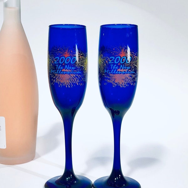New Year's Eve Champagne Flutes 2000 The New Millennium, Cobalt Blue Glasses Y2K Millennial Birthday Gift 24 Year Old, Set of Two Flutes