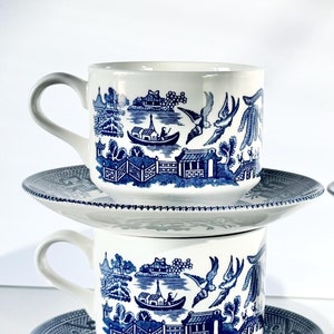 Authentic Blue Willow Cup and Saucer Set by Churchill Staffordshire England, Cappuccino Set, Vintage Tea Lover Gift, Pretty Gift For Mom