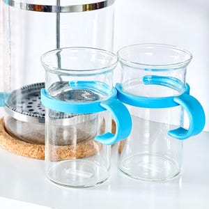 Vintage Bodum French Press & Tall Bodum Bistro Mugs, Aqua Blue Handle 10oz Retro 80s Postmodern Denmark Coffee Lover Gift Set, Sold Separate