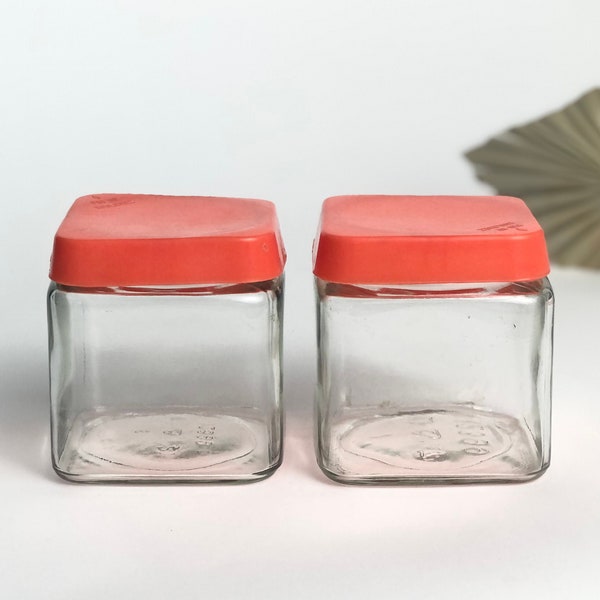 Vintage Orange Jars, Glass Kitchen Canister Set, PAIR of Retro Glass Jars, 1970s, Square Bulk Jars with Orange Lids, Set of 2