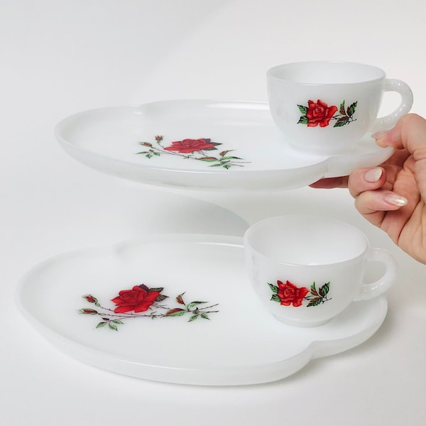 Vintage Rose Snack Plate & Cup Sets, White Milk Glass Red Rose Teacup Luncheon Saucers Regency 60s Federal Glass, Sold Individually