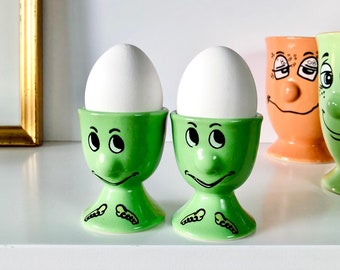 Pair Vintage Egg Cups Green Ceramic, Funny Face Egg Holders by Aris, Easter Gift, Kids Breakfast Cups