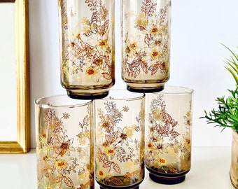 Retro Drinking Glasses Set of 6, Tall Brown Glass Vintage Tumblers, Daisy Flowers, Boho Kitchen Water Glassware, Housewarming MCM Bar Gift