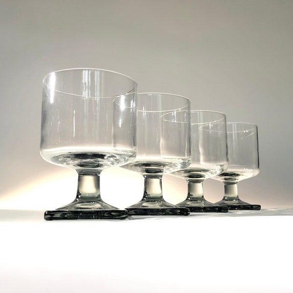 Mid Century Smoke Grey Stem Aperitif Glasses, Retro Modern Vintage Cubist Square Glassware Set, MCM Barware