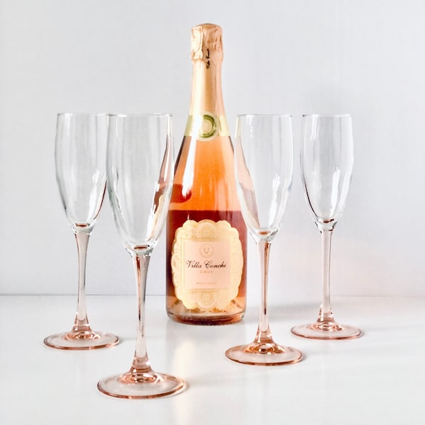 Vintage 80s French Blush Pink Stem Flutes, Luminarc Champagne Glasses, Clear Bowl, Retro Barware Set of 4, Wedding Toast Glasses