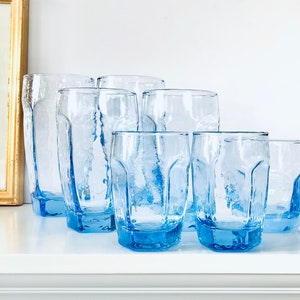 Vintage Textured Blue Glasses PAIR, 70s Libbey Chivalry Drink Glass Choose Size: Tumblers, Lowballs, Juice