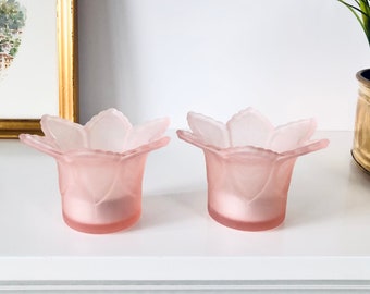 Vintage PartyLite Pink Frosted Glass Tulip Votives Pair Tea Light Holders Pink Glass Candle Holders Tulip Flower Spring Decor, Romantic gift