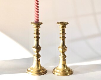 Pair of Antique Brass Candlestick Holders: Victorian Faceted Beehive Design, Large 9.5&quot; Tall
