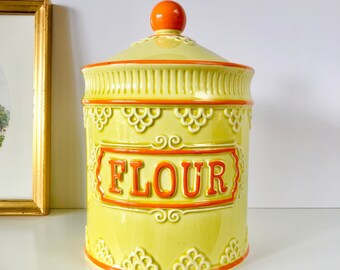 Vintage FLOUR Canister, Retro 1970s Yellow & Orange Ceramic Kitchen Jar with Lid  Made in Japan, Fun Birthday Gift