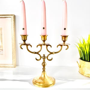 May include: A brass candelabra with three arms, each holding a pink taper candle. The candelabra has a decorative, ornate design and sits on a white surface. A framed picture and a small potted plant are in the background.