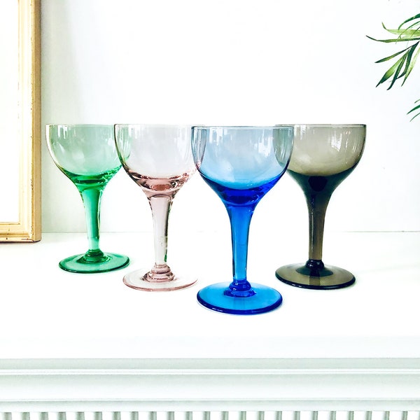 MCM Aperitif Glass Coupes Set of 4 Mid Century Modern Danish Glassware Cordials Retro 1960s Mixed Green Blue Brown Pink