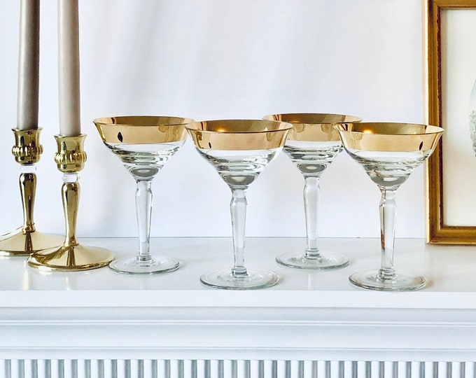 Vintage 22k Gold Coupe Champagne Glasses, Retro Gold Rim Set of Four