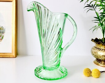 Vintage Art Deco Green Glass Pitcher Art Glass Jug Made in England by Bagley 1939 Sunburst Pattern