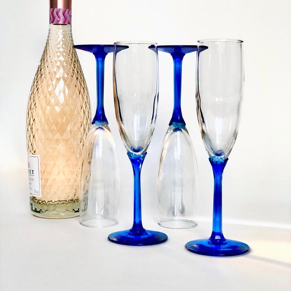 Vintage Blue Stem Champagne Flutes, Blue Tulip Stems and Clear Bowls, Set of 4 Libbey Domaine Petal Stemware, Wedding Toast Glasses