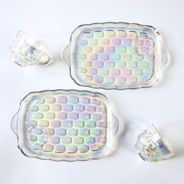 Vintage Iridescent Snack Plate Cup Sets, Rainbow Moon Glow, Iridescent Federal Glass Yorktown Snack Tray Luncheon Sets, 60s MCM Kitchen