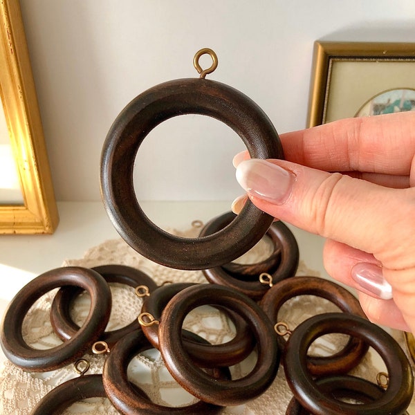 12 Vintage Wooden Curtain Rings Set, Medium Dark Brown Retro 80’s Wood Hoop Drapery Rings with Golden Brass Hardware