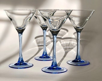 Vintage blue stem martini glasses / set of four 4/ cobalt blue barware /  cocktail glasses / 90s