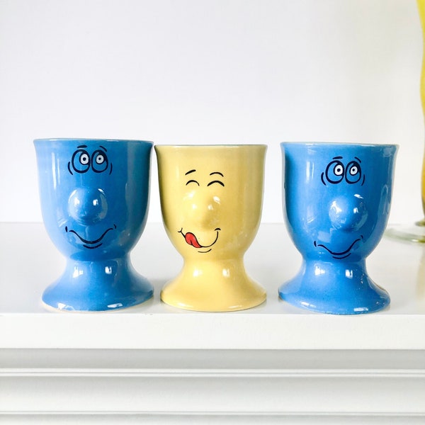 Three Vintage Egg Cups Ceramic Blue & Yellow, Family Funny Face Egg Holders Set Silly Face Gryphonware, Retro Kids Breakfast Cups