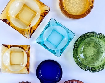 Vintage 70s Mixed Glass Ashtrays, Assorted Retro Chunky Round Square Yellow Cobalt Green Amber Glass Ashtrays 420 Glass Decor Trinket Dishes