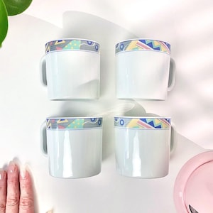 Four Retro 80s New Wave Mugs, Set of4 Pastel Geometric Graphic Art Fine China Mugs by STUDIO NOVA Cappuccino Coffee Cups Set