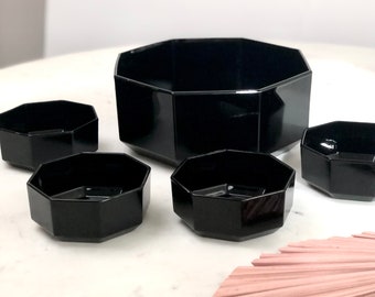 Vintage Arcoroc Black Octagonal Salad Bowl Set, Large Serving Bowl and Four Small, 1980’s Black Blown Glass, Made in France