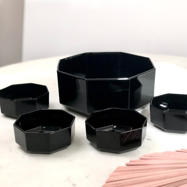 Vintage Arcoroc Black Octagonal Salad Bowl Set, Large Serving Bowl and Four Small, 1980’s Black Blown Glass, Made in France