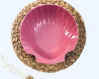 Tigela de servir rosa, concha, vieira, rosa empoeirado, tigela de salada de cerâmica vintage dos anos 90, presente de concha náutica, sereia, tigela rosa, presente de inauguração de casa