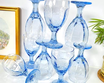 Vintage 1970s Libbey Chivalry Blue Textured Wine Water Goblets 12oz MCM Glassware Choose Set