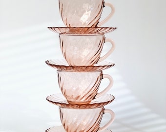 Vintage France Rosaline Pink Glass Swirl Cup & Saucers, Made in France Arcoroc, Pretty Blush 1960s Tea Set for FOUR Bridal Shower Dishware