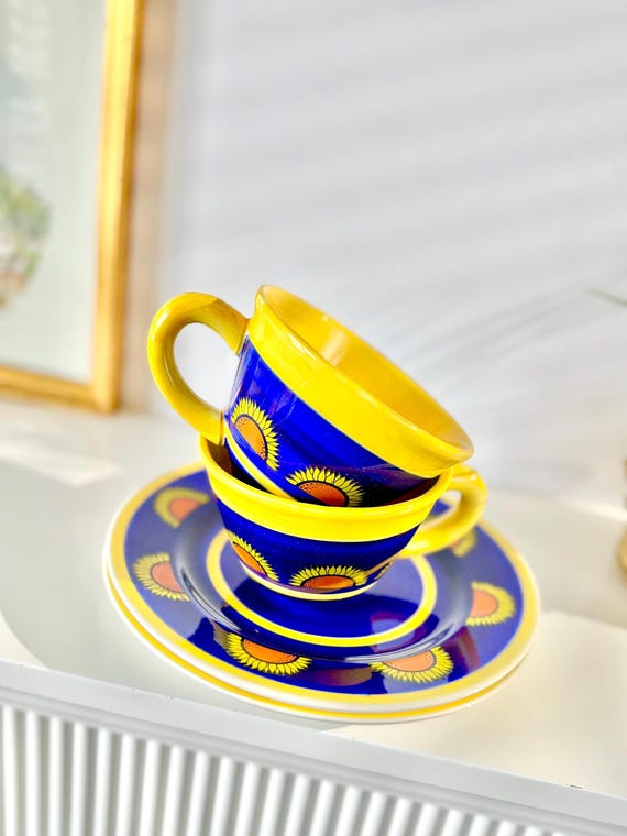 Vintage Pair Sunflower Mug & Plate Set, Blue Yellow Ceramic, 90’s Y2K Coffee Cups