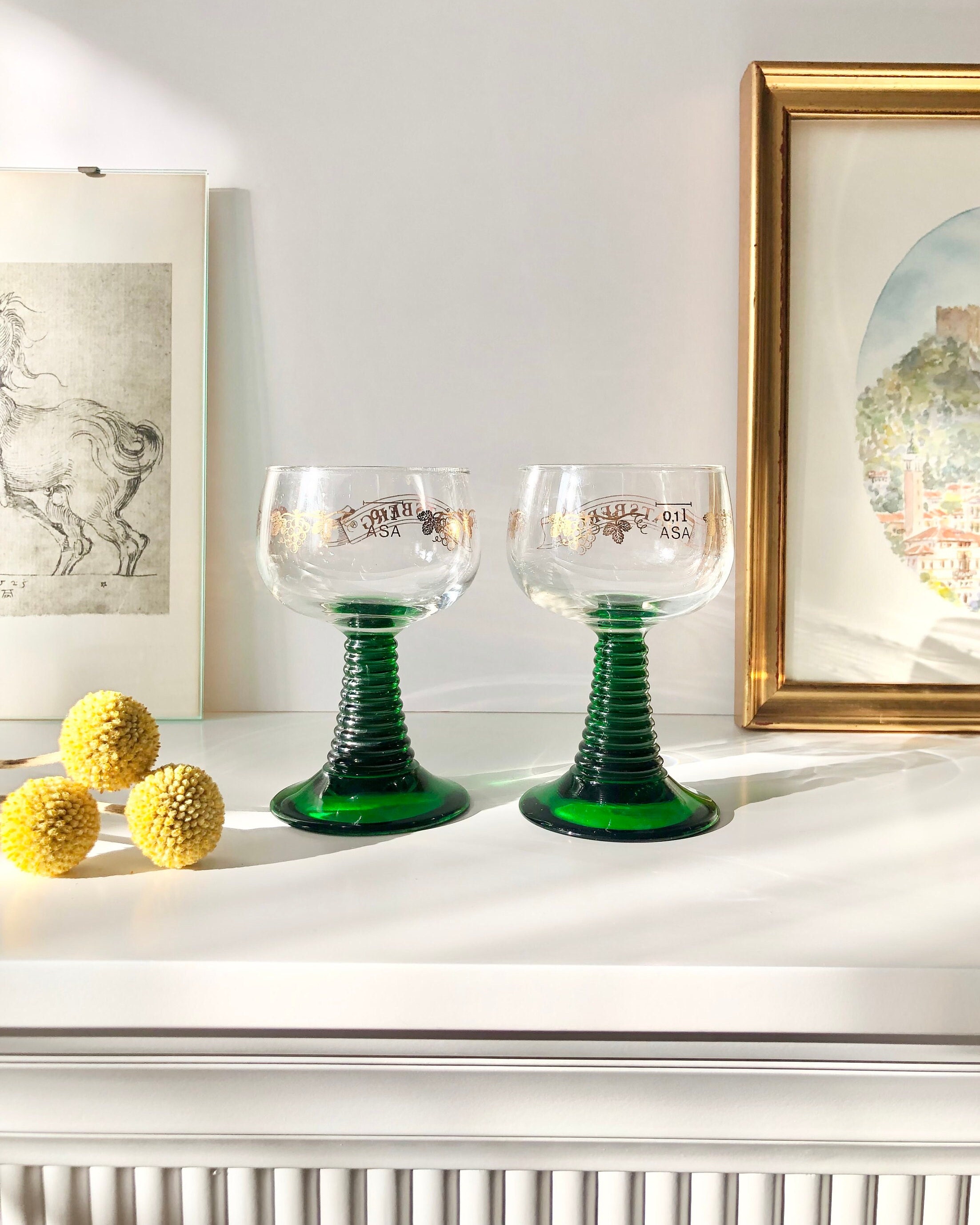 Vintage Glass Etched Grape Cluster Green Stem Wine Glasses 4 