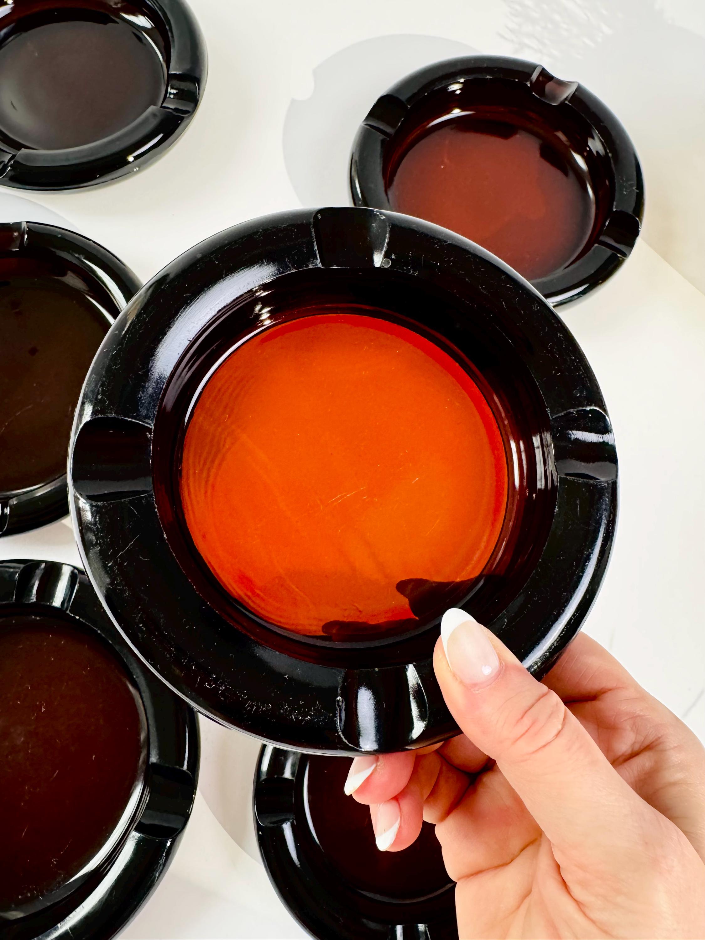Vintage Amber Brown Glass Ashtray, Retro 1970s Round Tobacciana