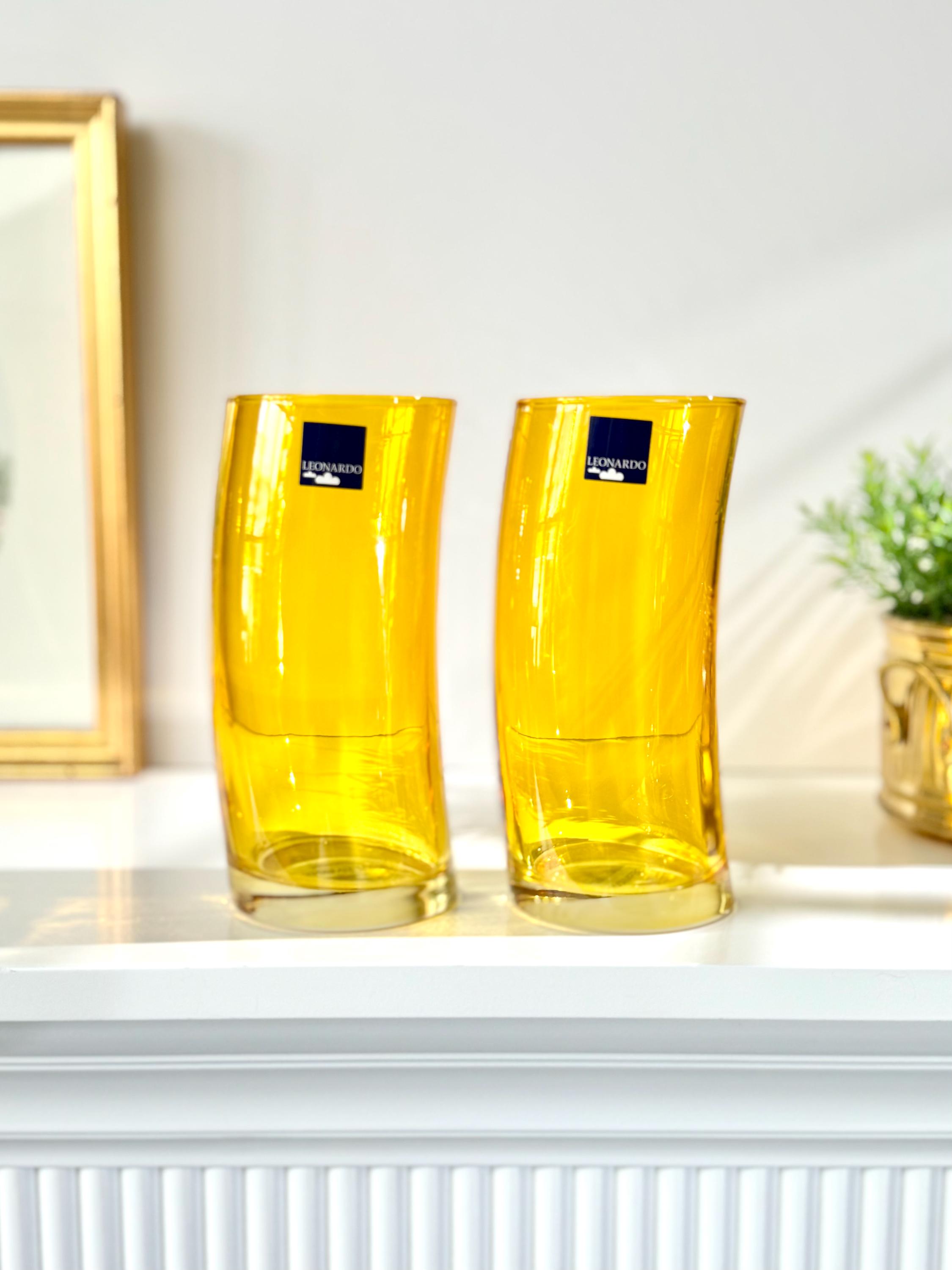 Vintage Leonardo Yellow Glass Tumblers Pair: Mid-century Modern Barware, Swing Macaroni Curved Glasses Germany