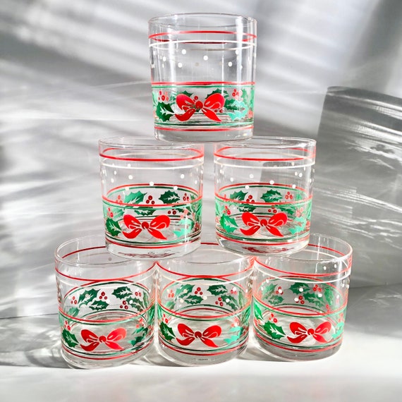 Set of 6 Christmas Vintage Holly & Berry Drinking Glasses Glass